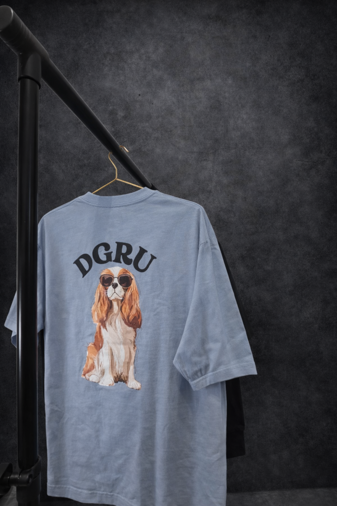 キャバリアのグラフィックが入ったブルーのTシャツ