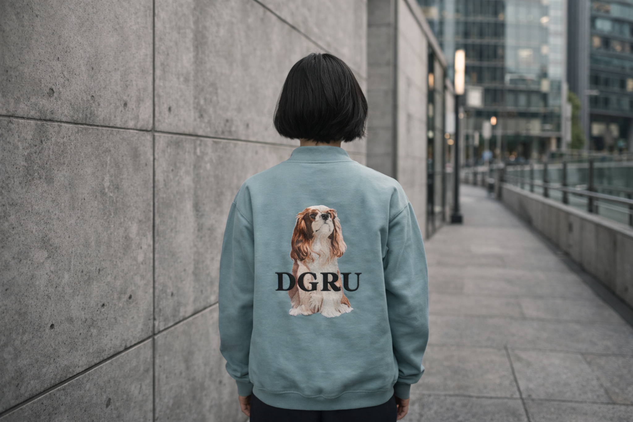 キャバリアのグラフィックが入ったスウェットを着た後ろ姿