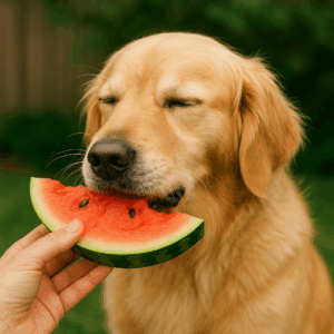 スイカを食べる犬