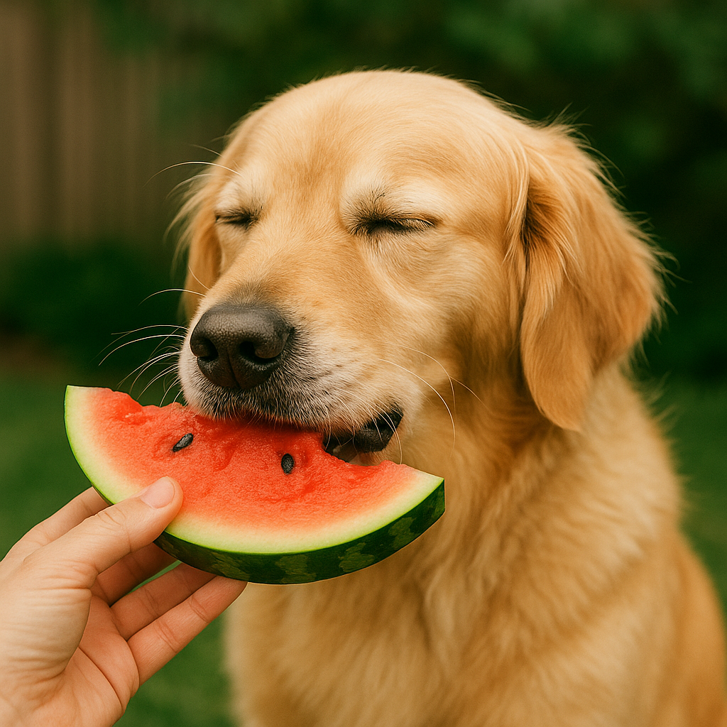 スイカを食べる犬